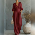 combinaison femme col en v jambes larges en rouge