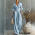 combinaison femme col en v jambes larges en bleu