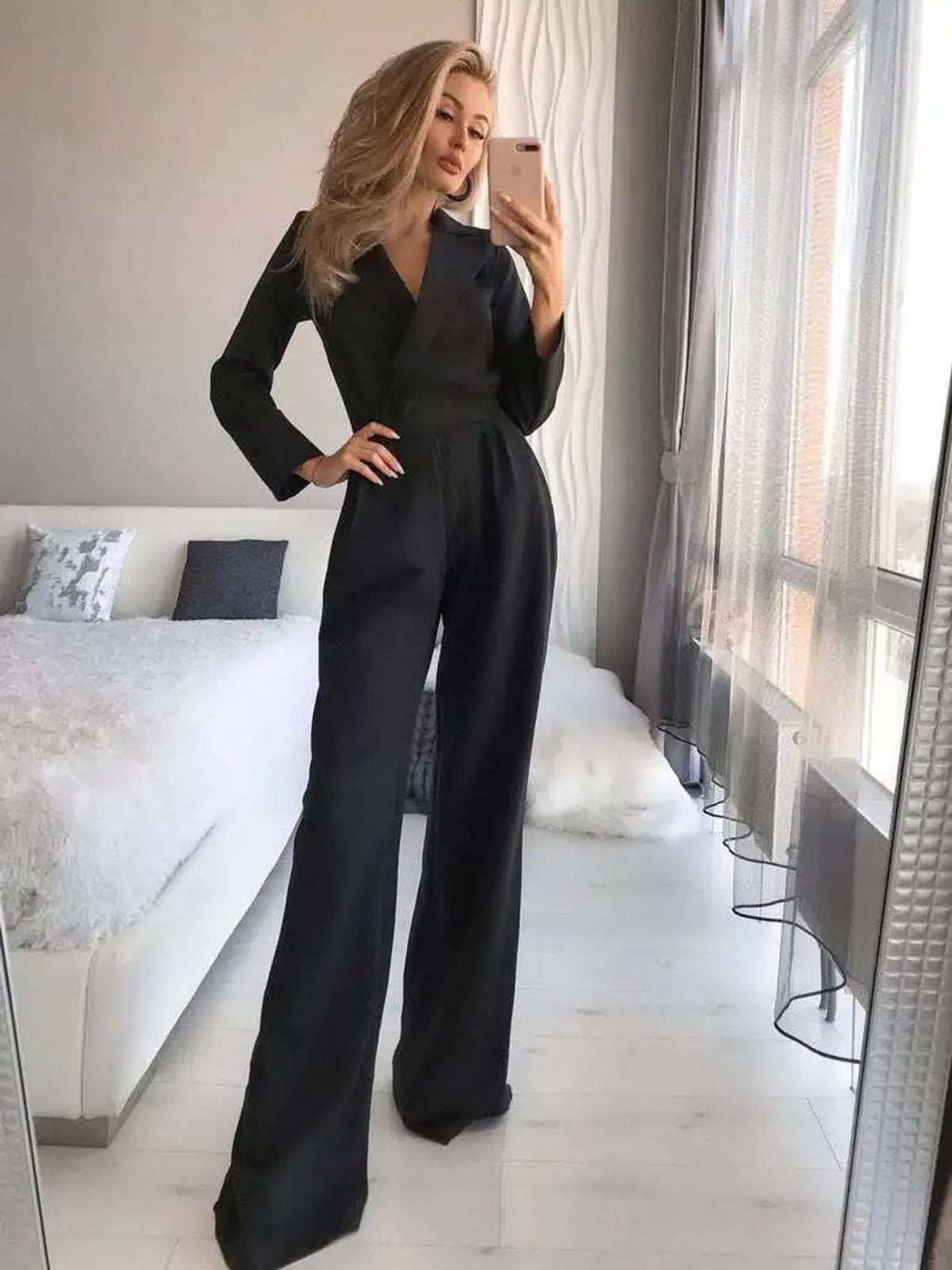 combinaison femme manches longues col en v large en noir