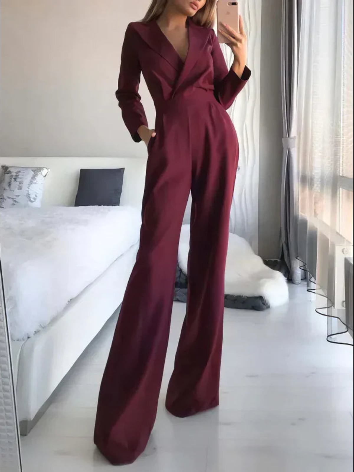 combinaison femme manches longues col en v large en rouge