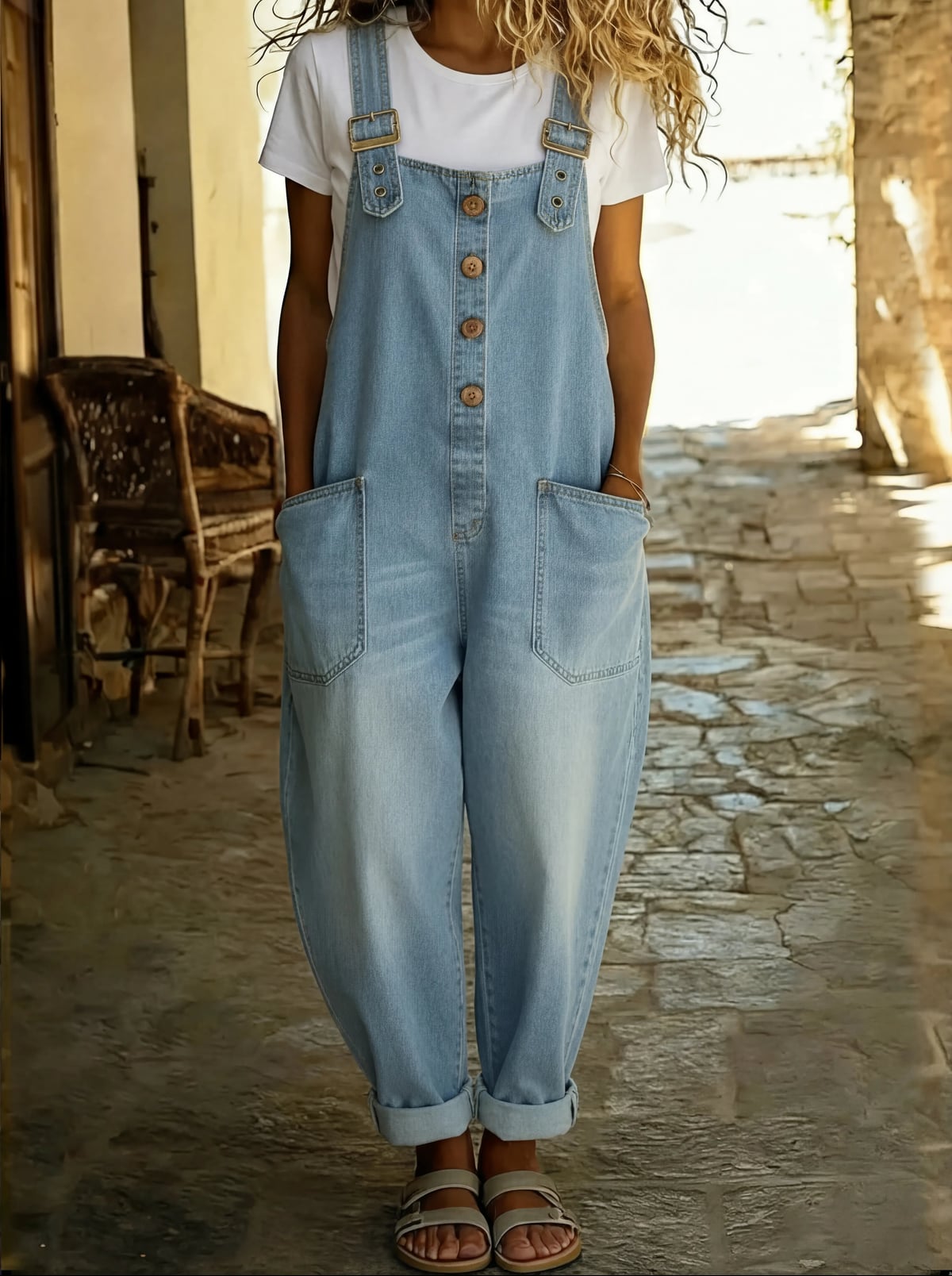 combinaison pantalon femme bretelles réglables en bleu clair