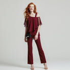 combinaison pantalon femme col asymétrique voilé en bordeaux