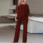 combinaison pantalon femme col asymétrique voilé en bordeaux