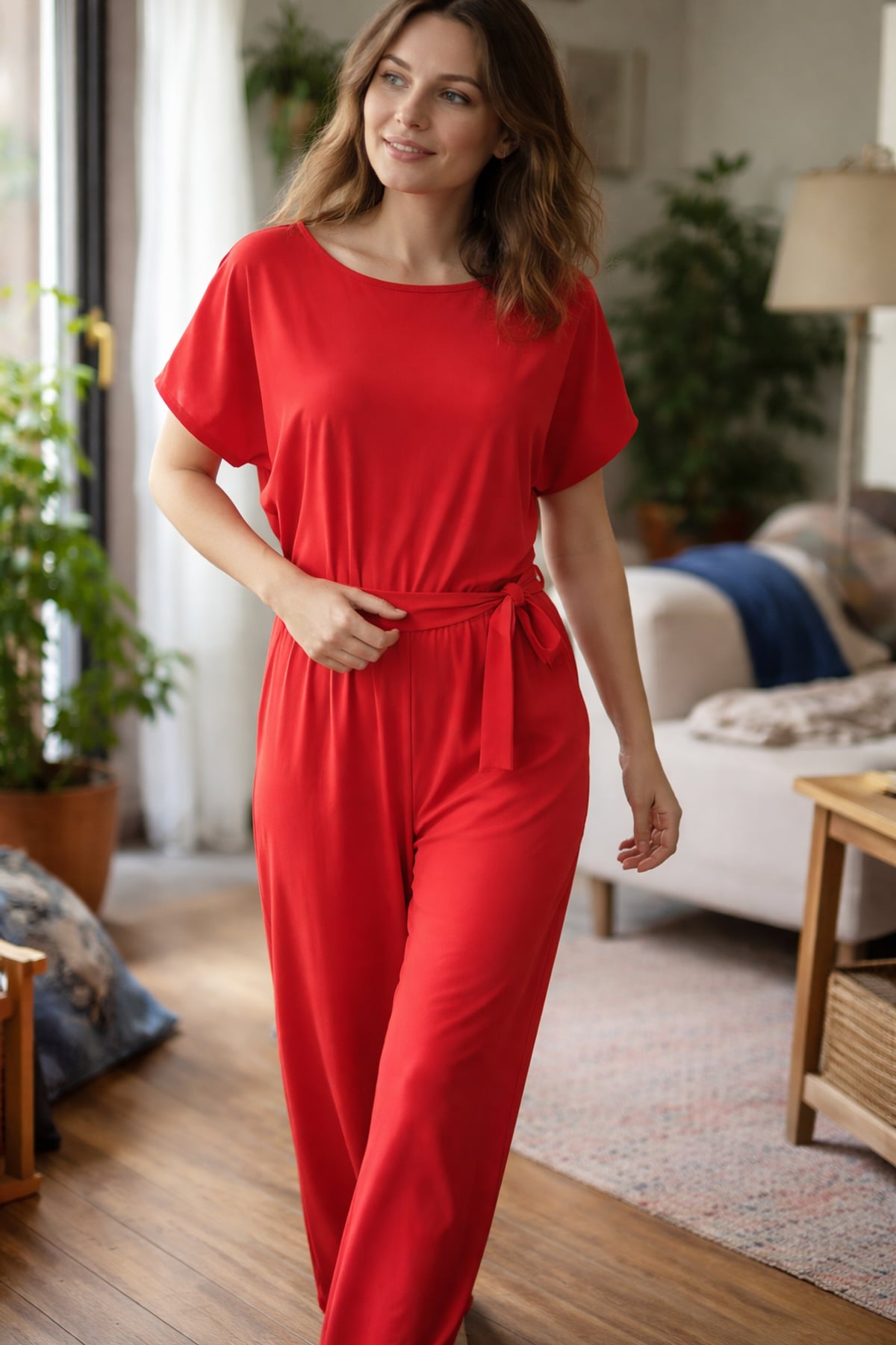 combinaison pantalon femme manches courtes ceinturée en rouge