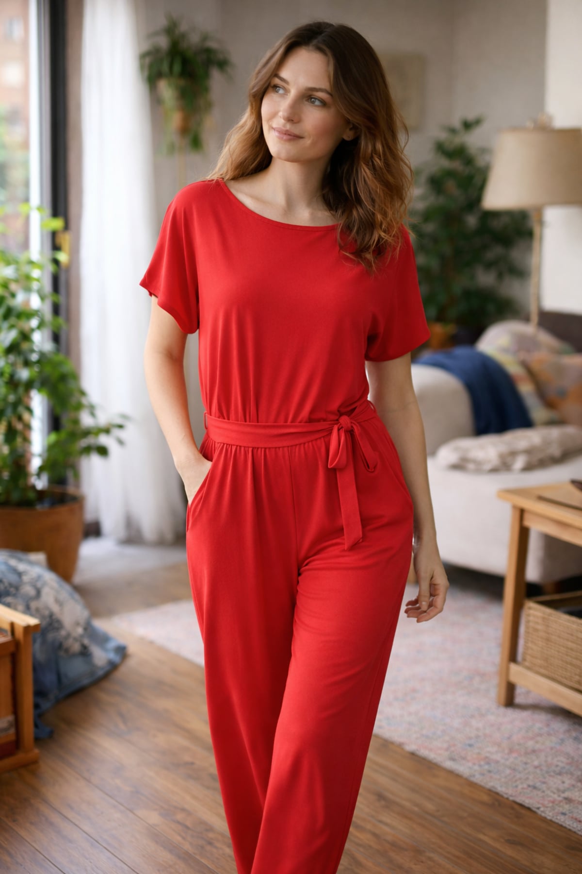 combinaison pantalon femme manches courtes ceinturée en rouge