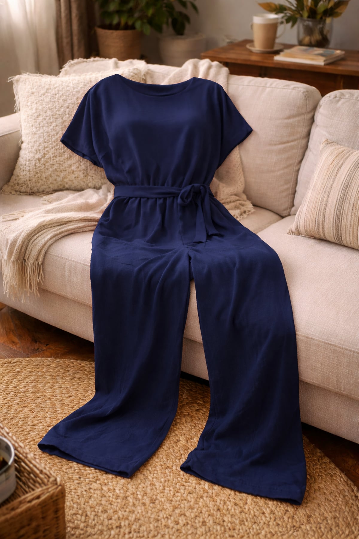 combinaison pantalon femme manches courtes ceinturée en bleu marine