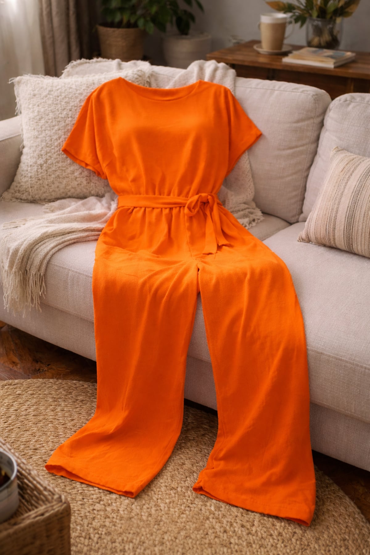 combinaison pantalon femme manches courtes ceinturée en orange