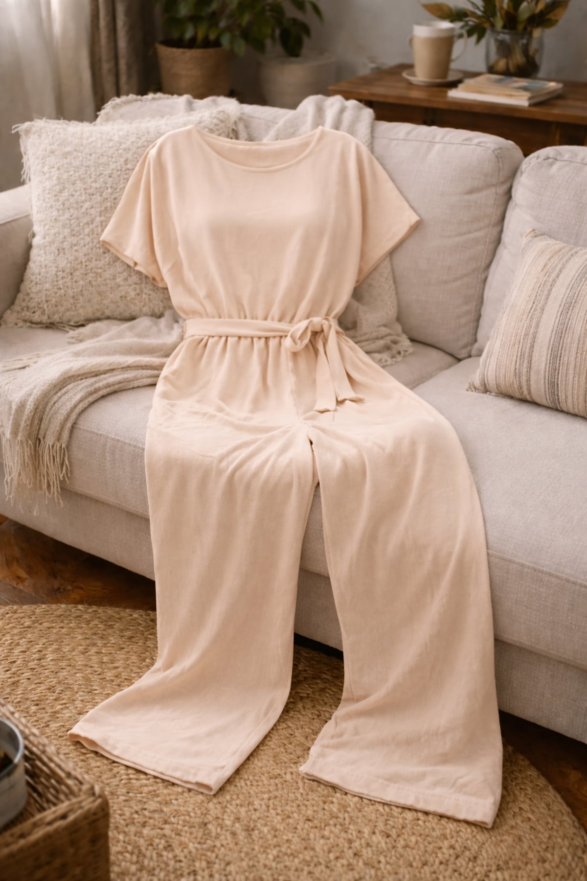 combinaison pantalon femme manches courtes ceinturée en beige
