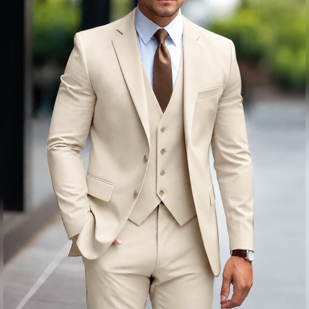 costume 3 pièces homme coupe slim en beige