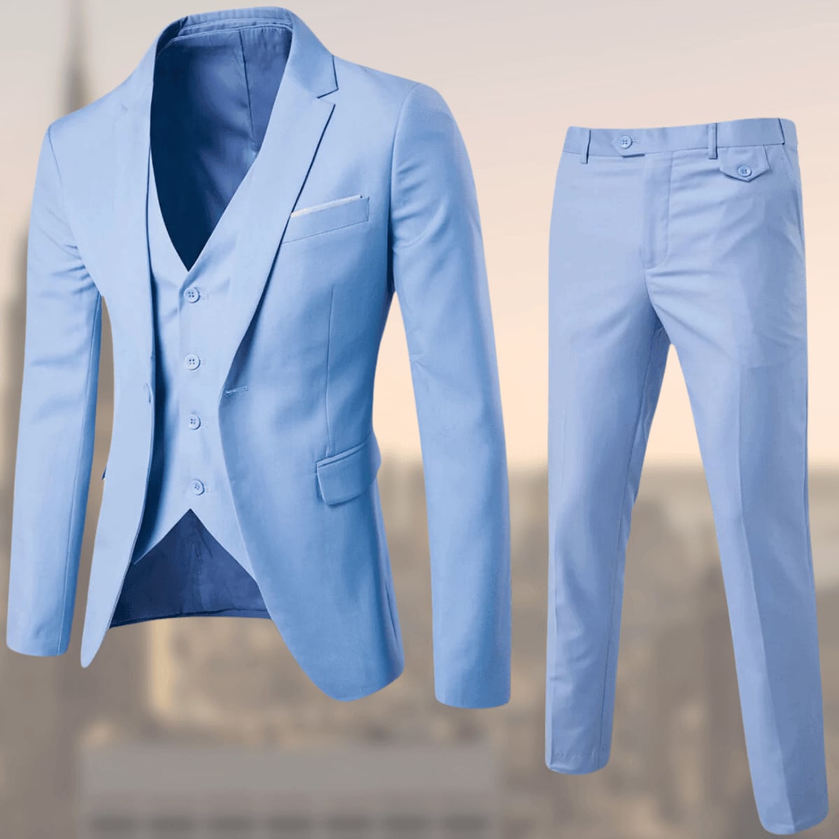 costume 3 pièces homme coupe slim mariage en bleu clair