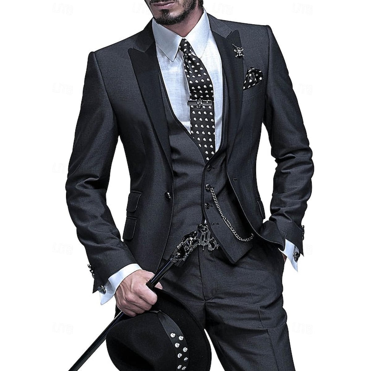 costume 3 pièces homme coupe slim revers satin en noir 