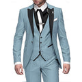 costume 3 pièces homme coupe slim revers satin en bleu clair
