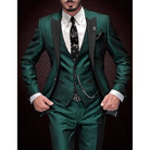 costume 3 pièces homme coupe slim revers satin en vert foncé