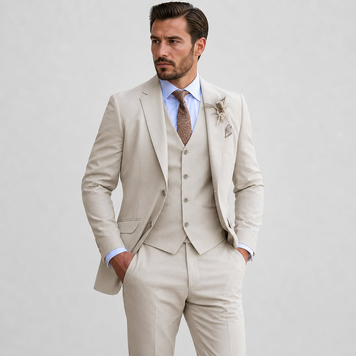 costume trois pièces homme avec gilet en beige