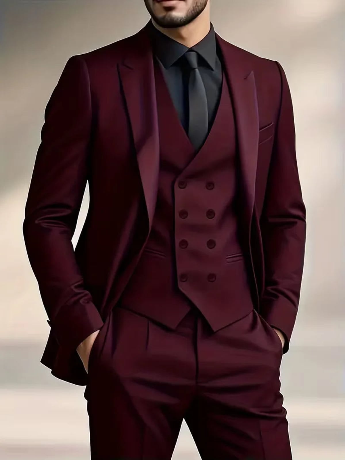costume trois pièces homme coupe slim croisé en bordeaux