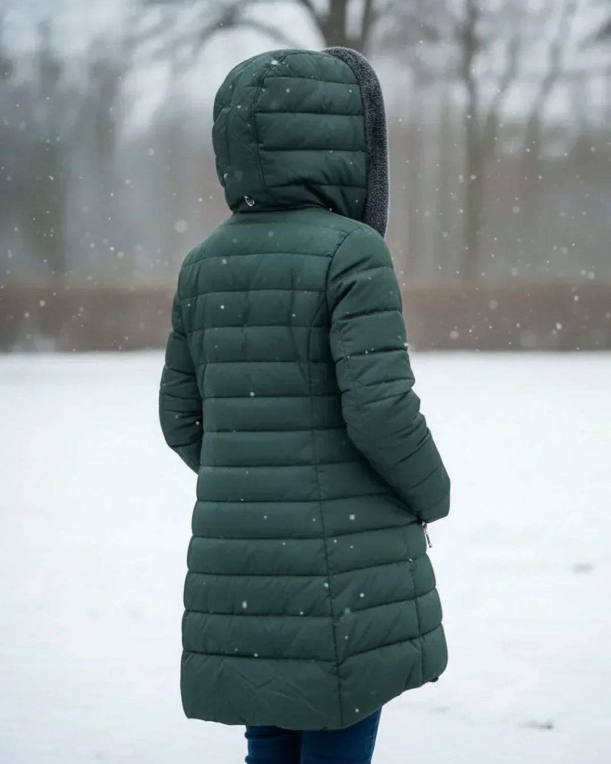 doudoune longue femme à capuche coupe évasée en vert foncé