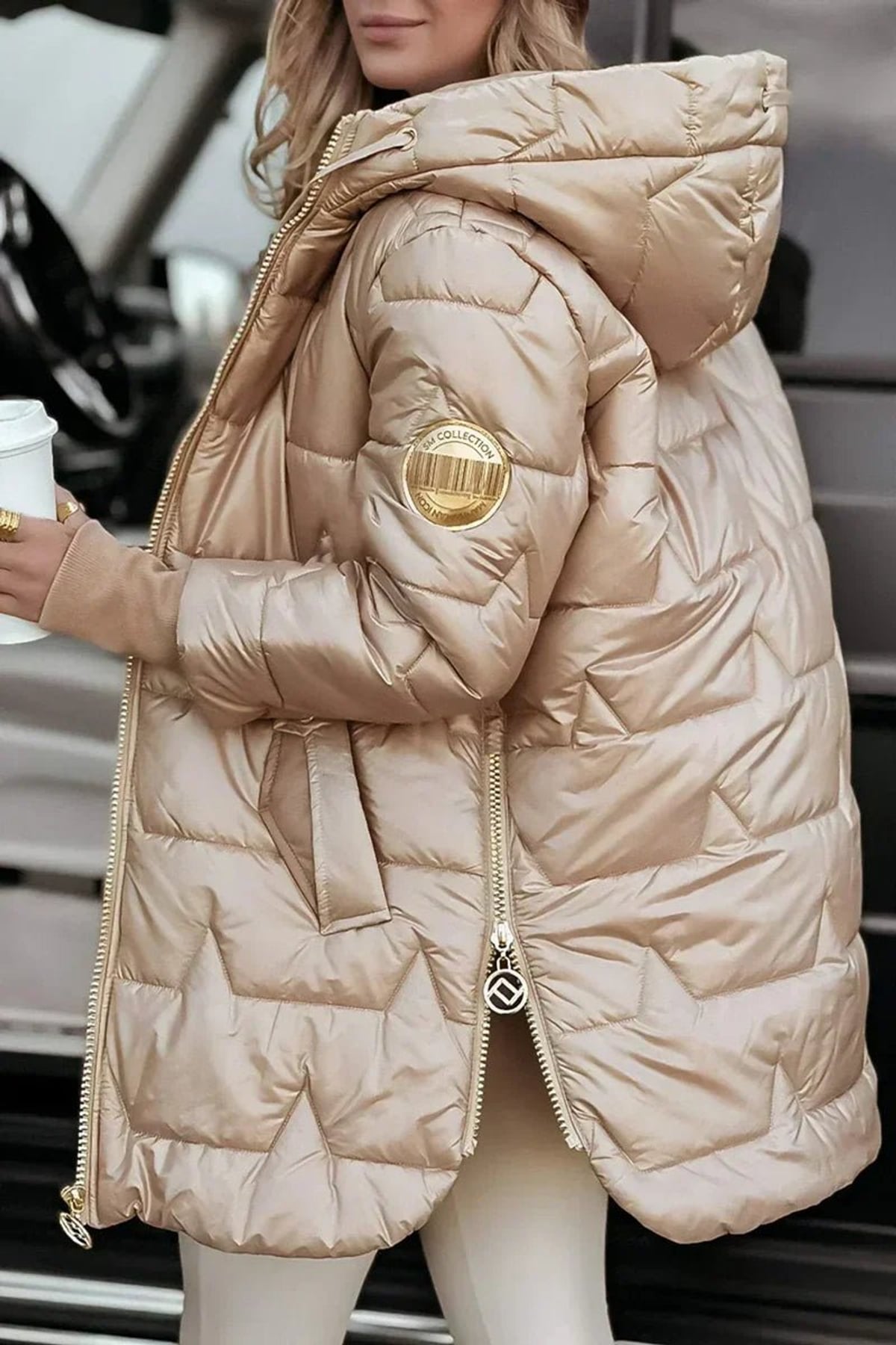 doudoune longue femme à capuche zippée en beige