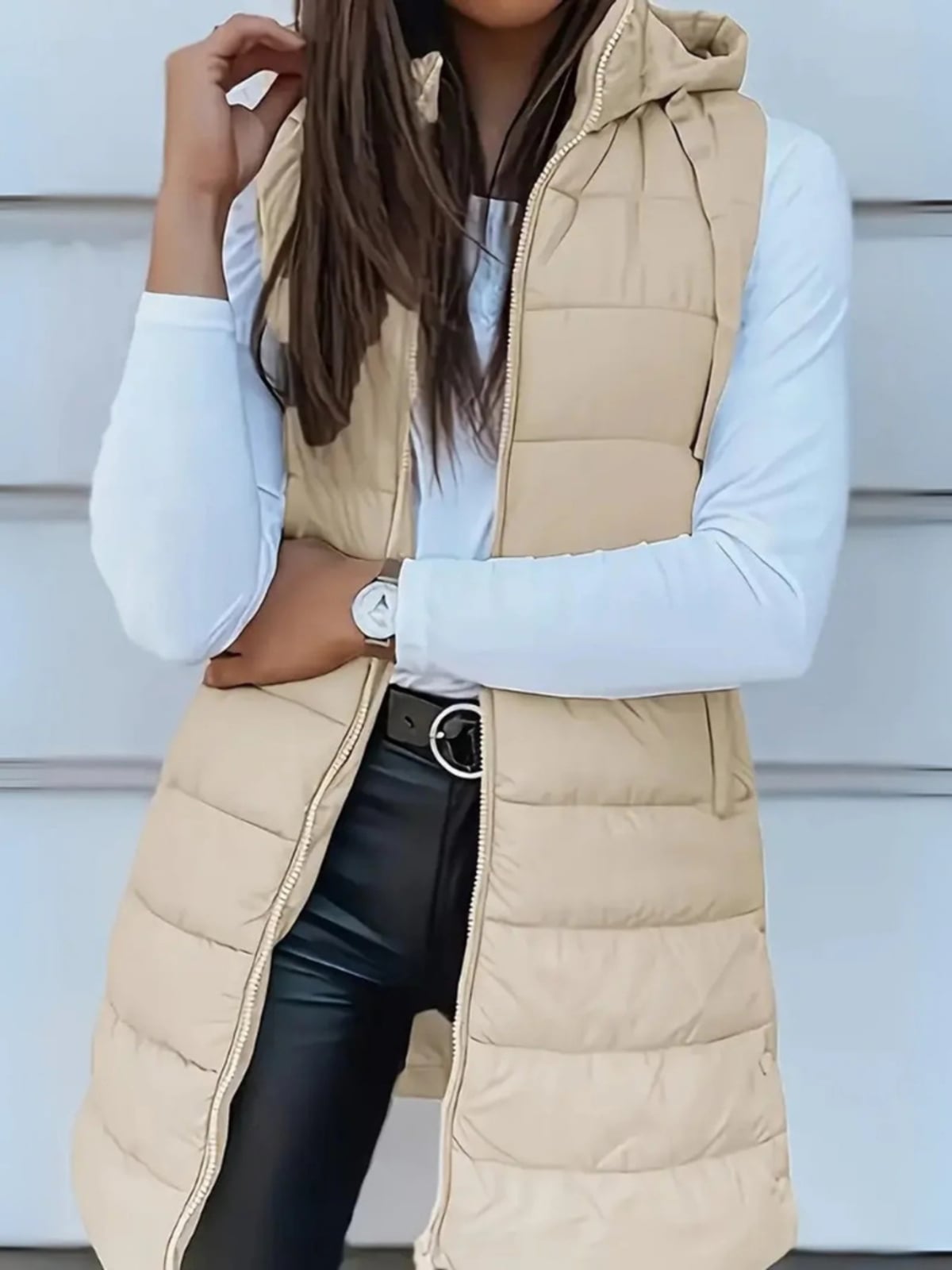 doudoune sans manche femme longue à capuche en beige