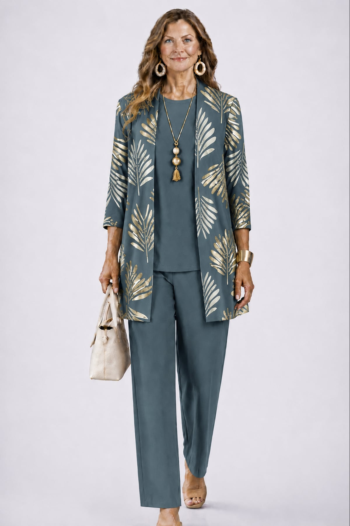 ensemble 3 pièces femme pantalon imprimé cardigan long en sarcelle vintage