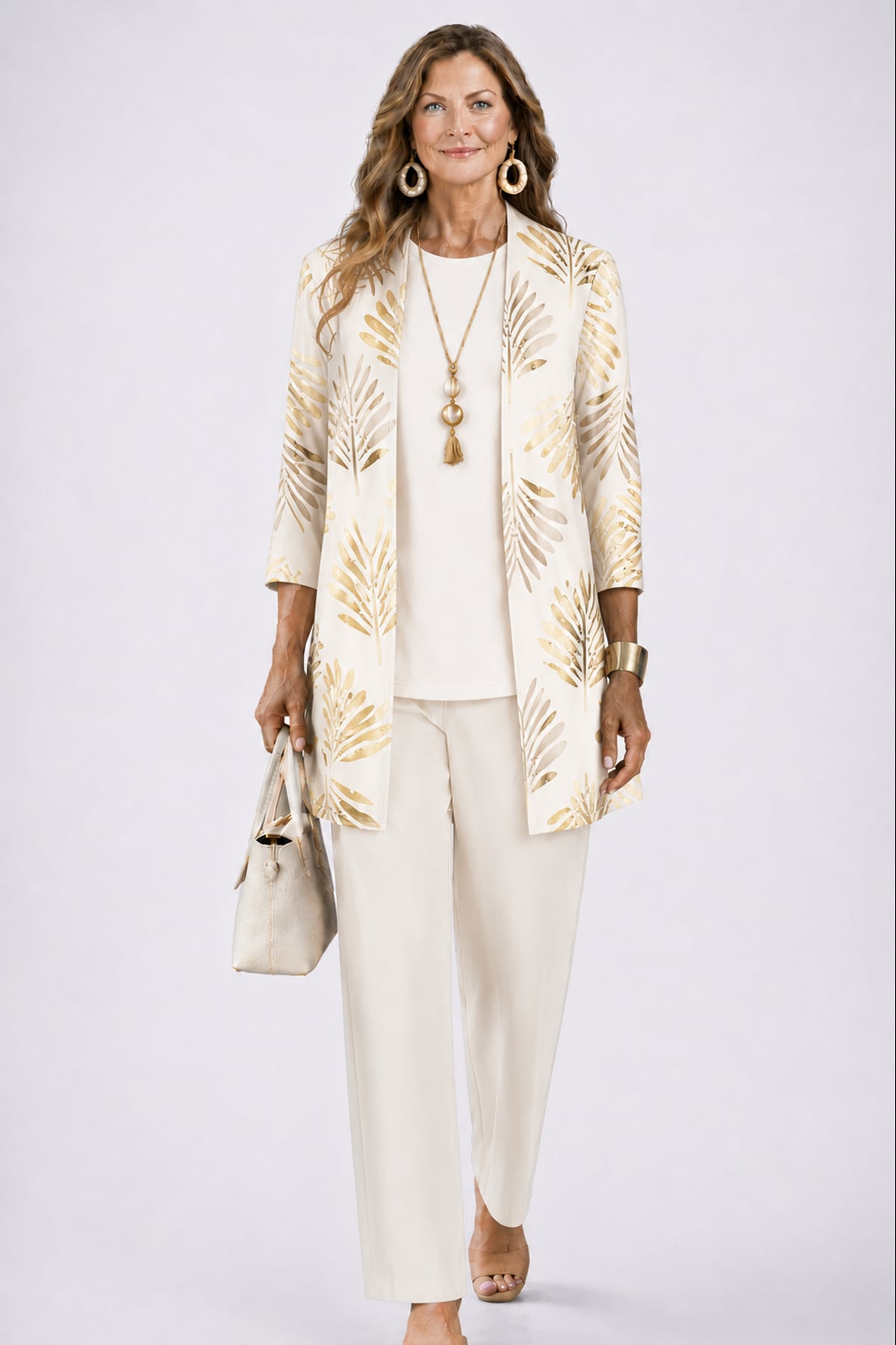 ensemble 3 pièces femme pantalon imprimé cardigan long en beige champagne