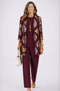 ensemble 3 pièces femme pantalon imprimé cardigan long en bordeaux fleuri