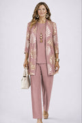 ensemble 3 pièces femme pantalon imprimé cardigan long en rose poudré