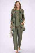 ensemble 3 pièces femme pantalon imprimé cardigan long en vert