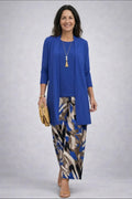 ensemble 3 pièces femme pantalon imprimé cardigan long en bleu