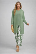 ensemble 3 pièces femme pantalon imprimé cardigan long en vert & blanc