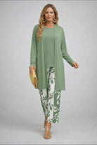 ensemble 3 pièces femme pantalon imprimé cardigan long en vert & blanc