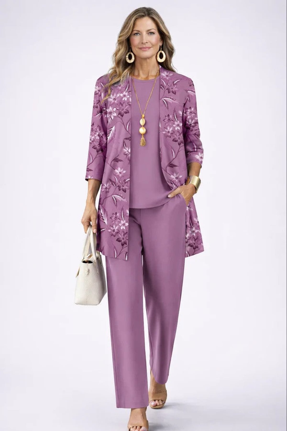 ensemble 3 pièces femme pantalon imprimé cardigan long en violet