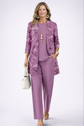 ensemble 3 pièces femme pantalon imprimé cardigan long en violet