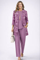 ensemble 3 pièces femme pantalon imprimé cardigan long en violet