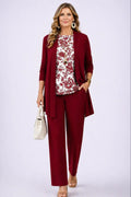ensemble 3 pièces femme pantalon imprimé cardigan long en blanc & rouge