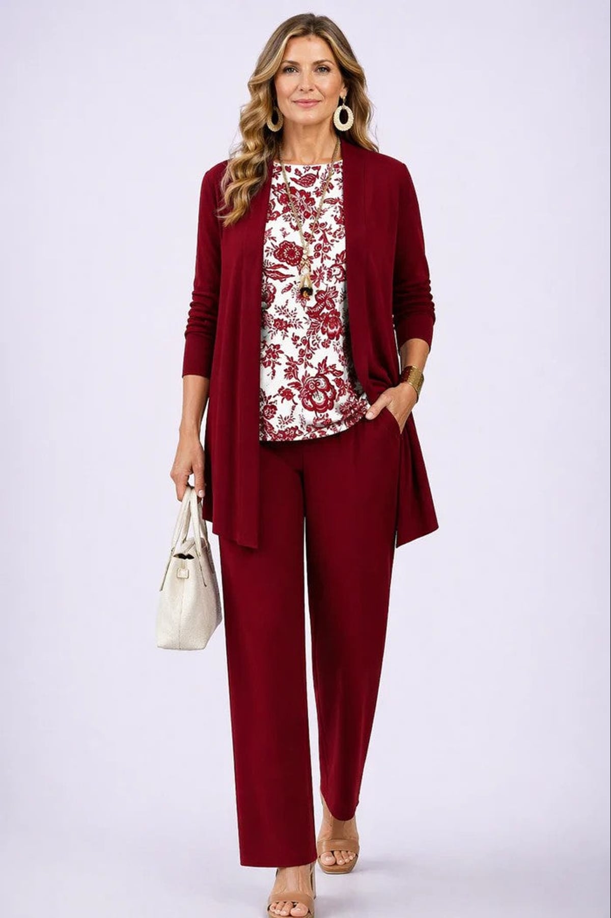 ensemble 3 pièces femme pantalon imprimé cardigan long en blanc & rouge