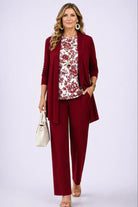ensemble 3 pièces femme pantalon imprimé cardigan long en blanc & rouge