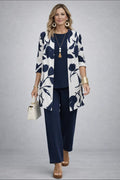 ensemble 3 pièces femme pantalon imprimé cardigan long en saphir fleuri