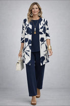 ensemble 3 pièces femme pantalon imprimé cardigan long en saphir fleuri