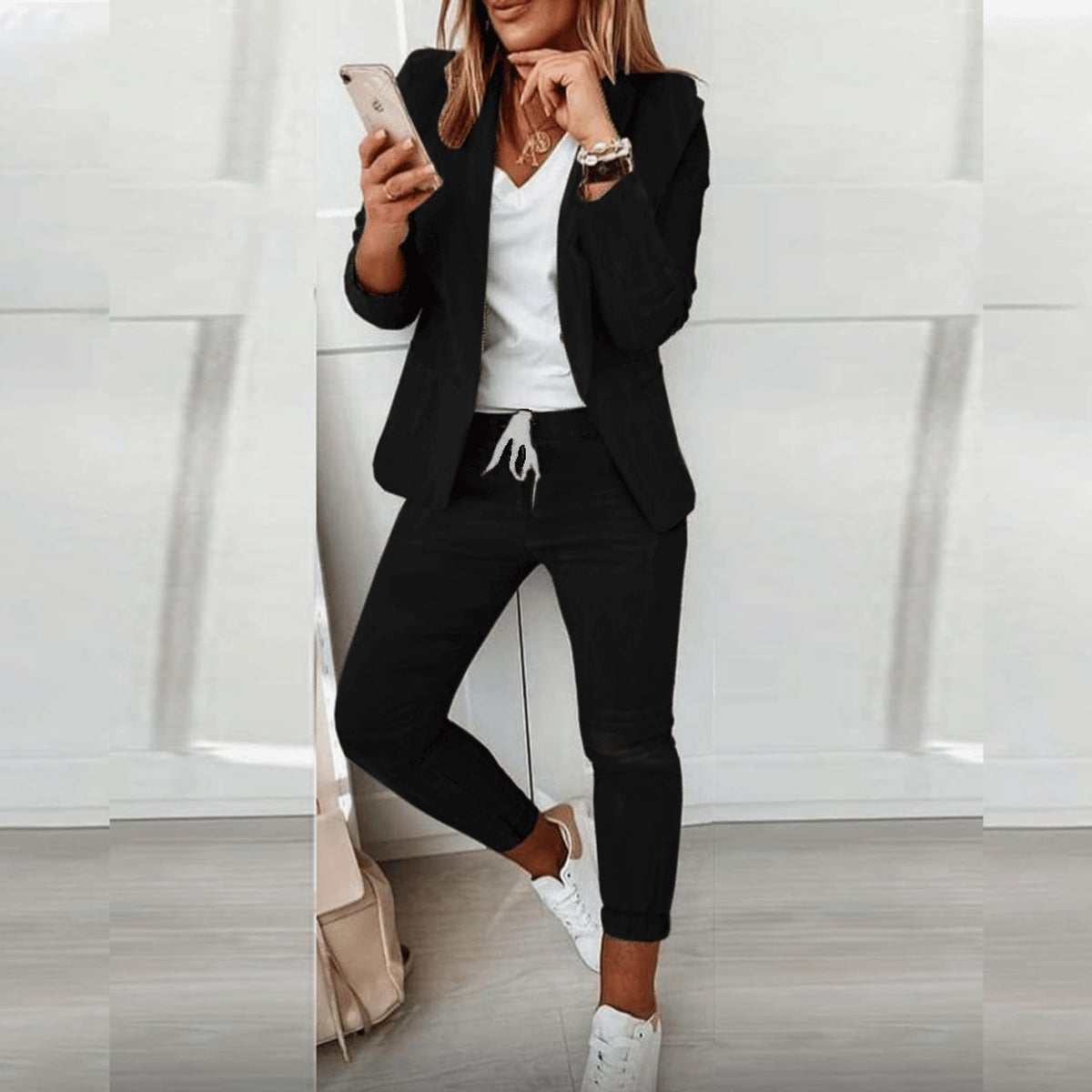 ensemble blazer femme pantalon jogger en noir