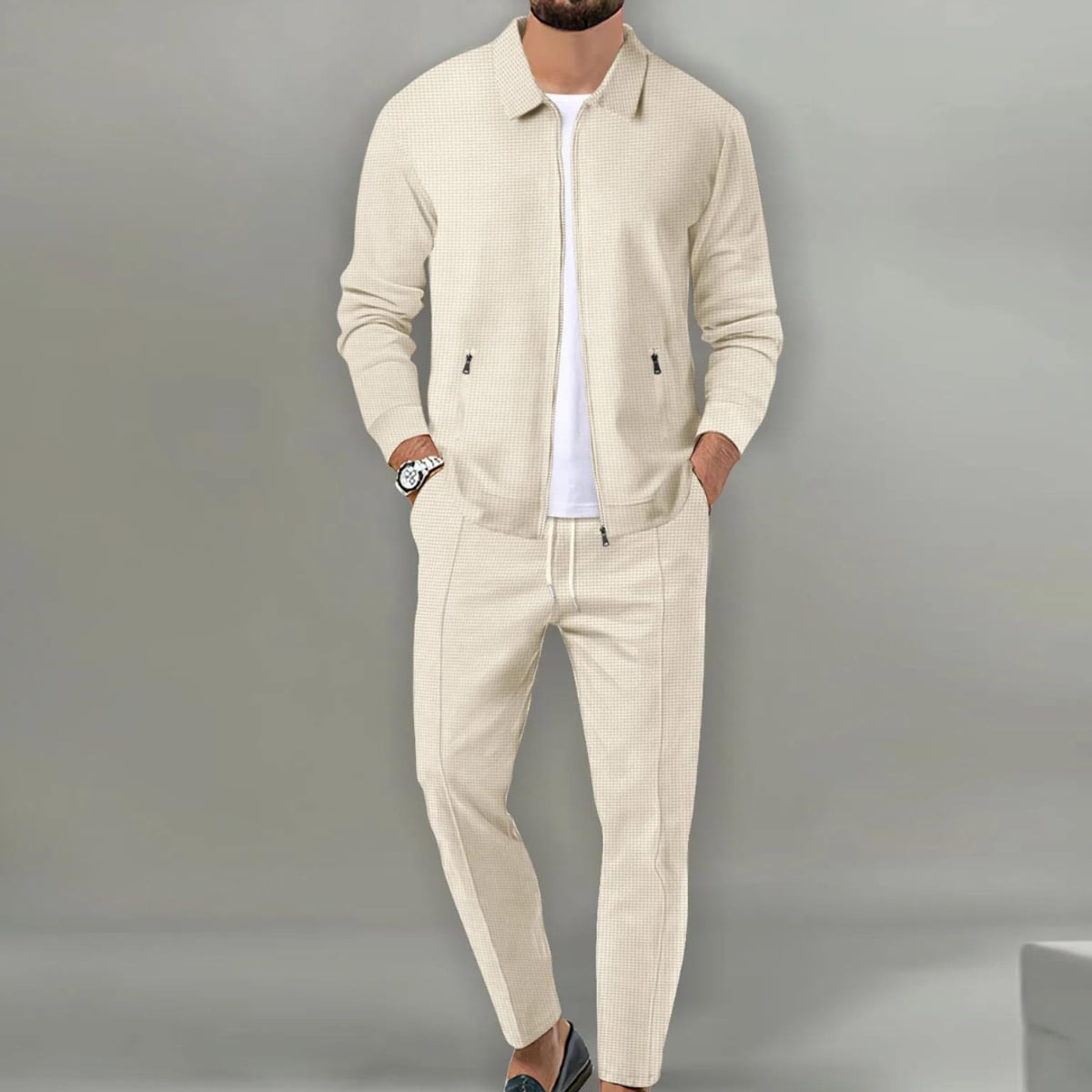 ensemble cardigan homme coupe slim en beige pour femmes