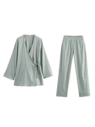 ensemble femme pantalon large et kimono en vert sauge