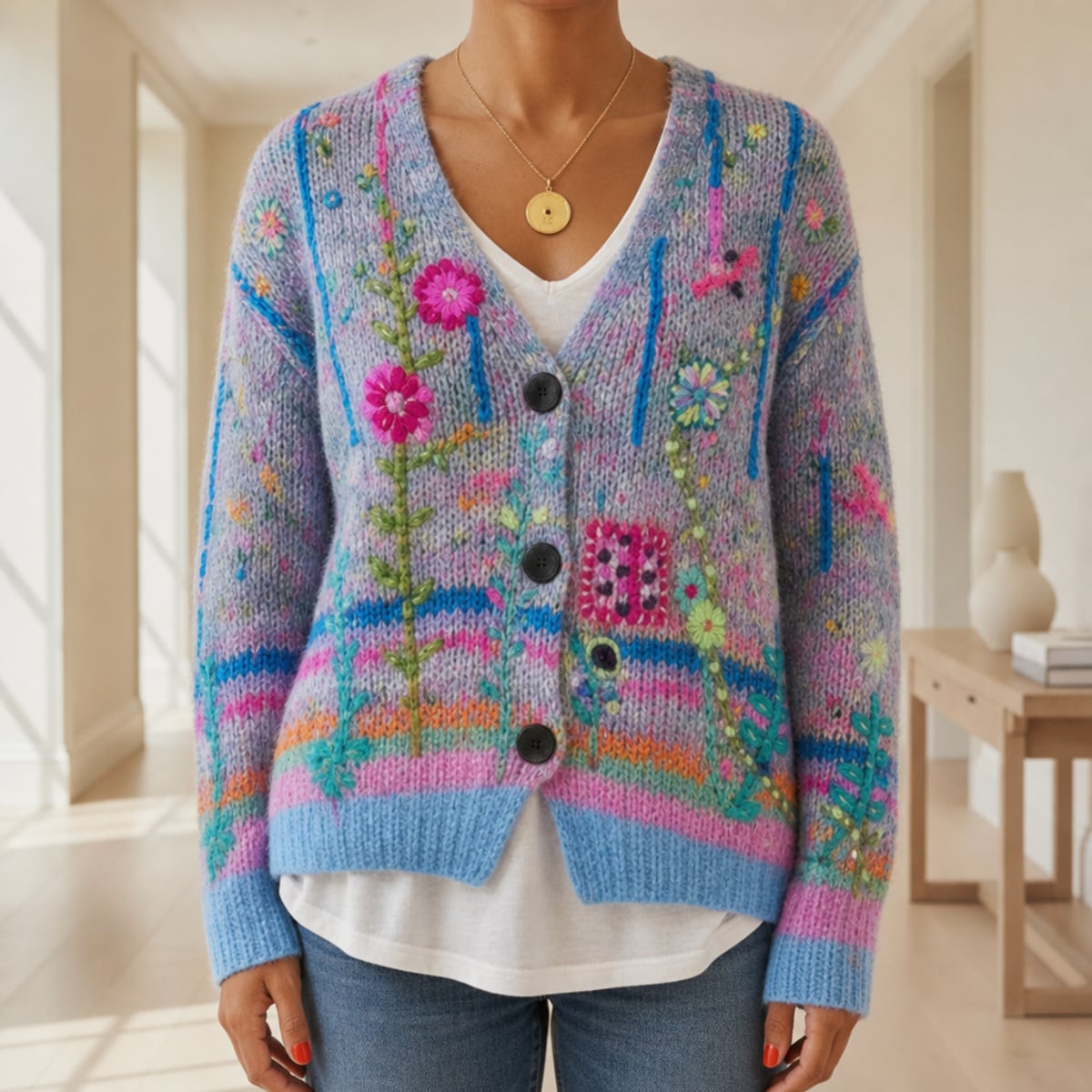 gilet femme broderie florale coupe slim en bleu
