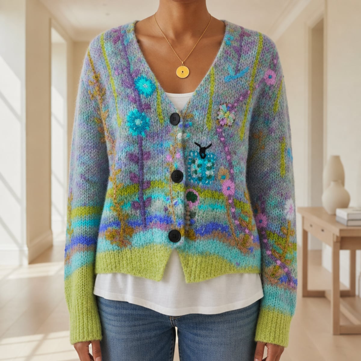 gilet femme broderie florale coupe slim en vert