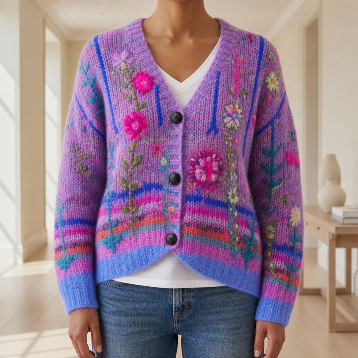 gilet femme broderie florale coupe slim en violet