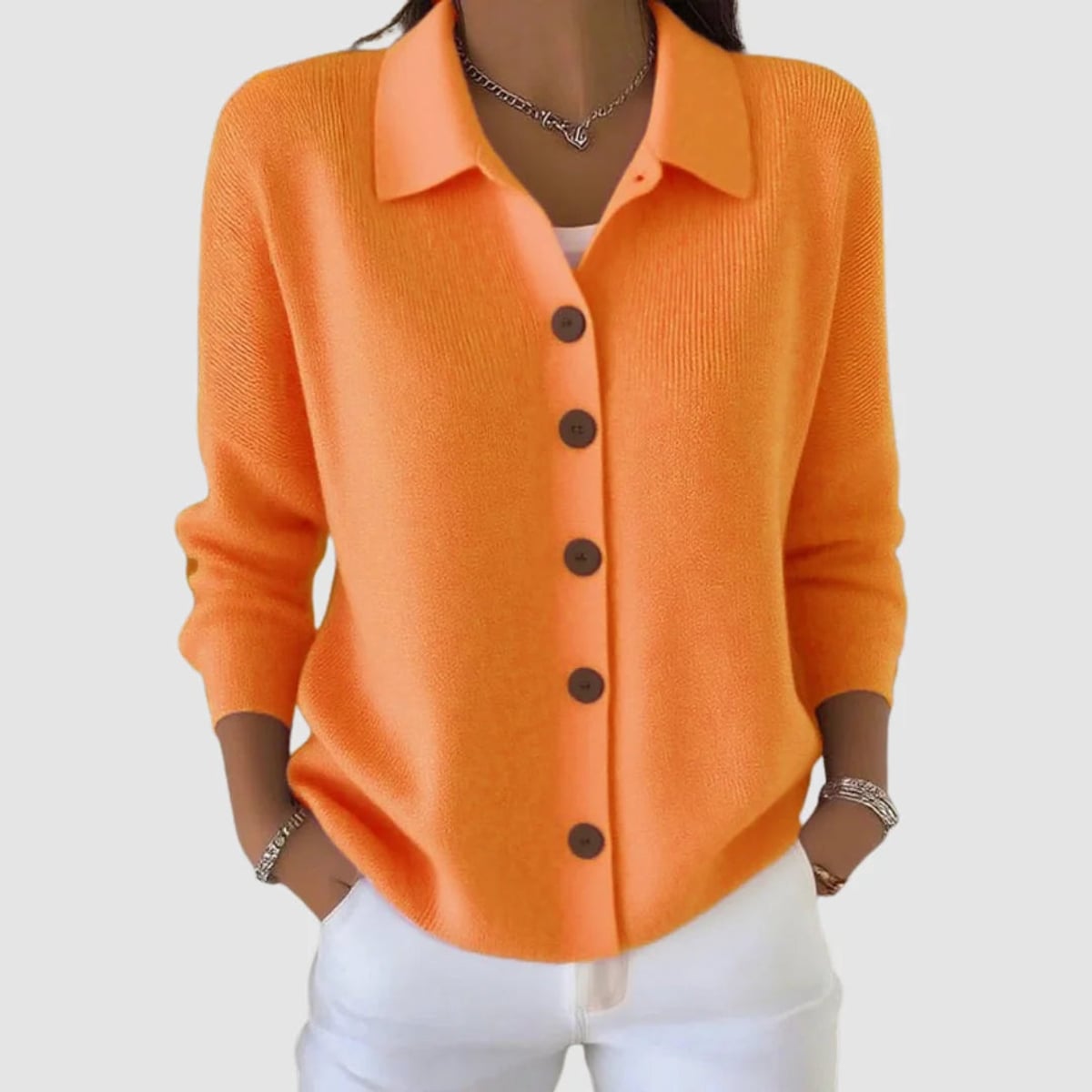 gilet femme col polo boutons manches longues en orange