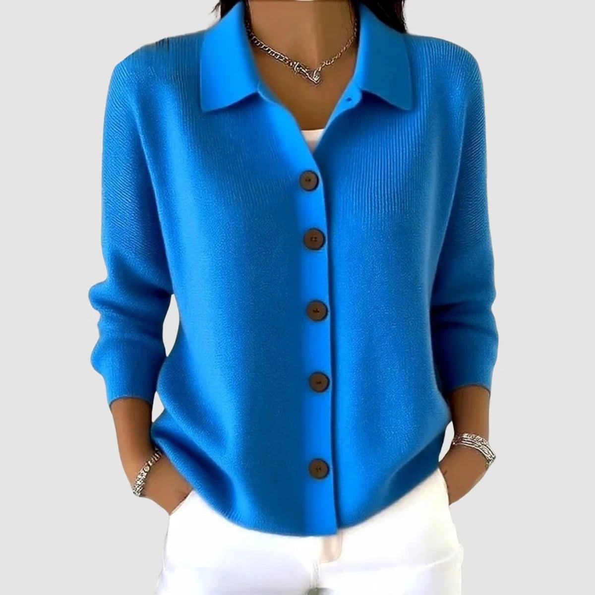 gilet femme col polo boutons manches longues en bleu