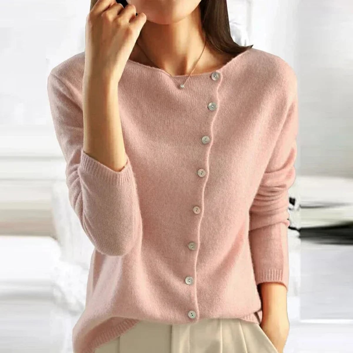 gilet femme col rond manches longues en rose