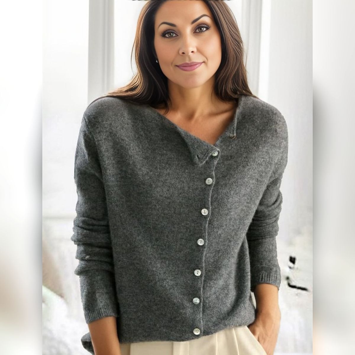 gilet femme col rond manches longues en gris