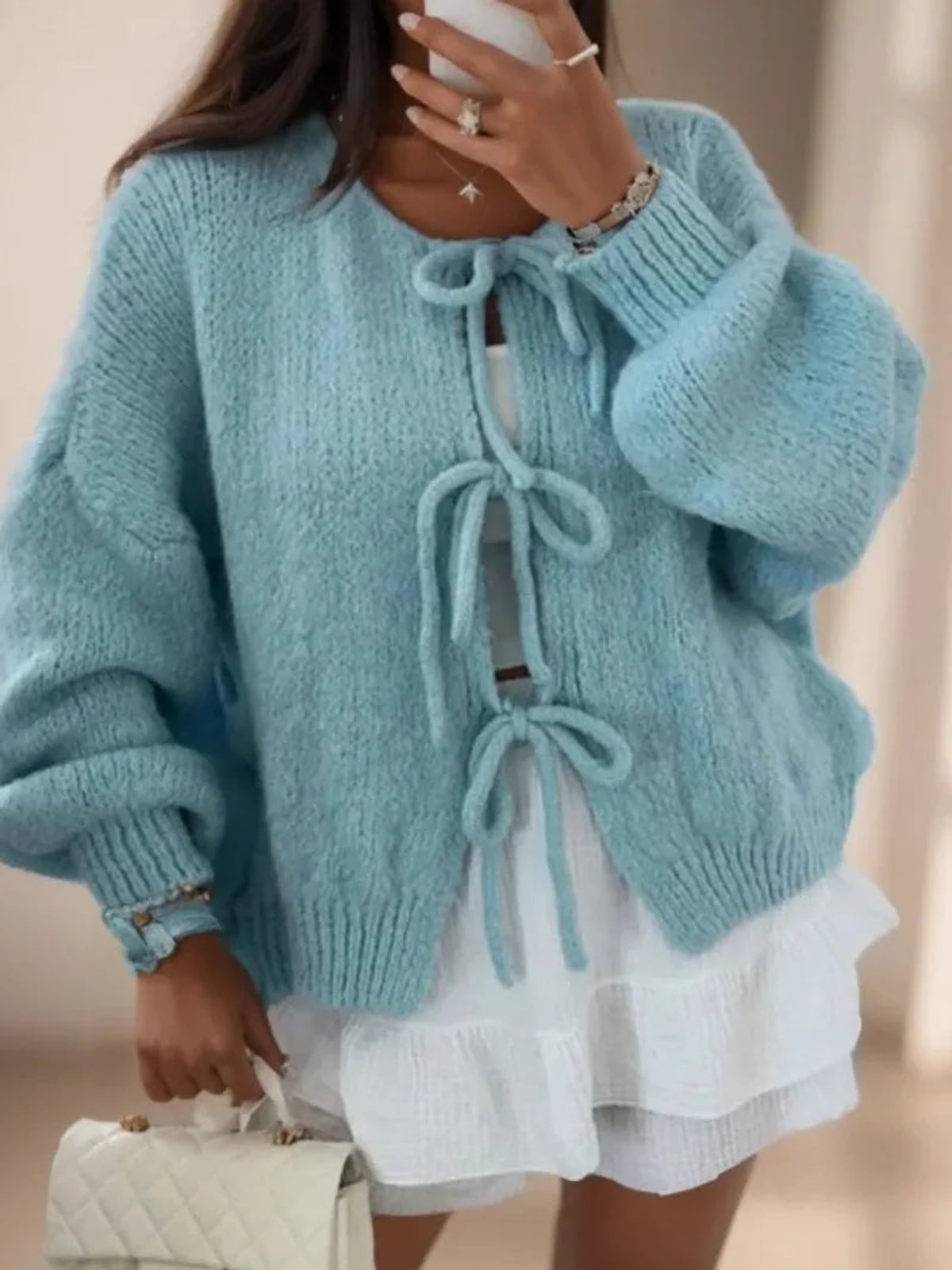 gilet femme oversize nœud avant en bleu