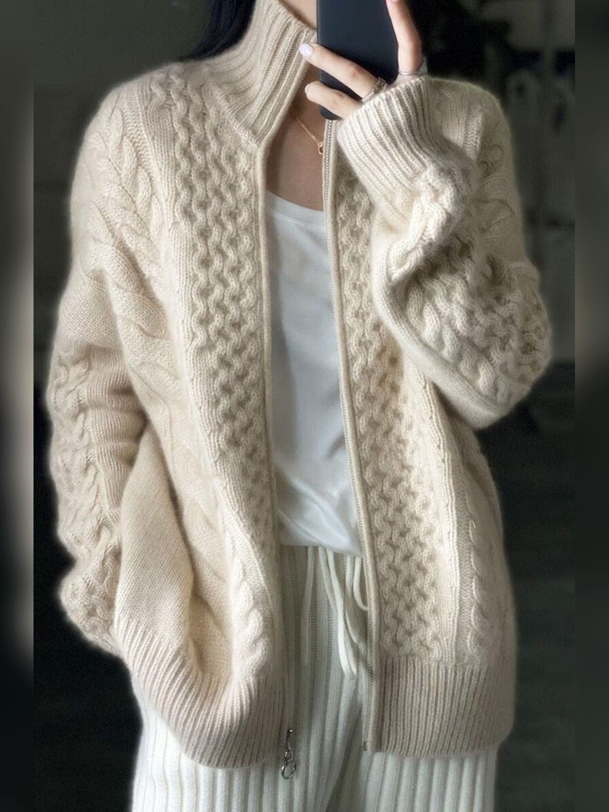 gilet femme oversize torsadé col montant zippé en écru